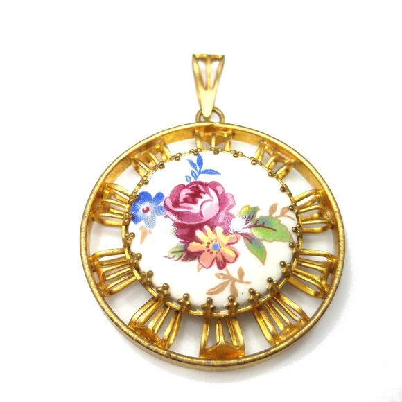 Vintage Floral Porcelain Round Pendant, Gold Tone Frame, 1960s Jewelry - Picture 1 of 10